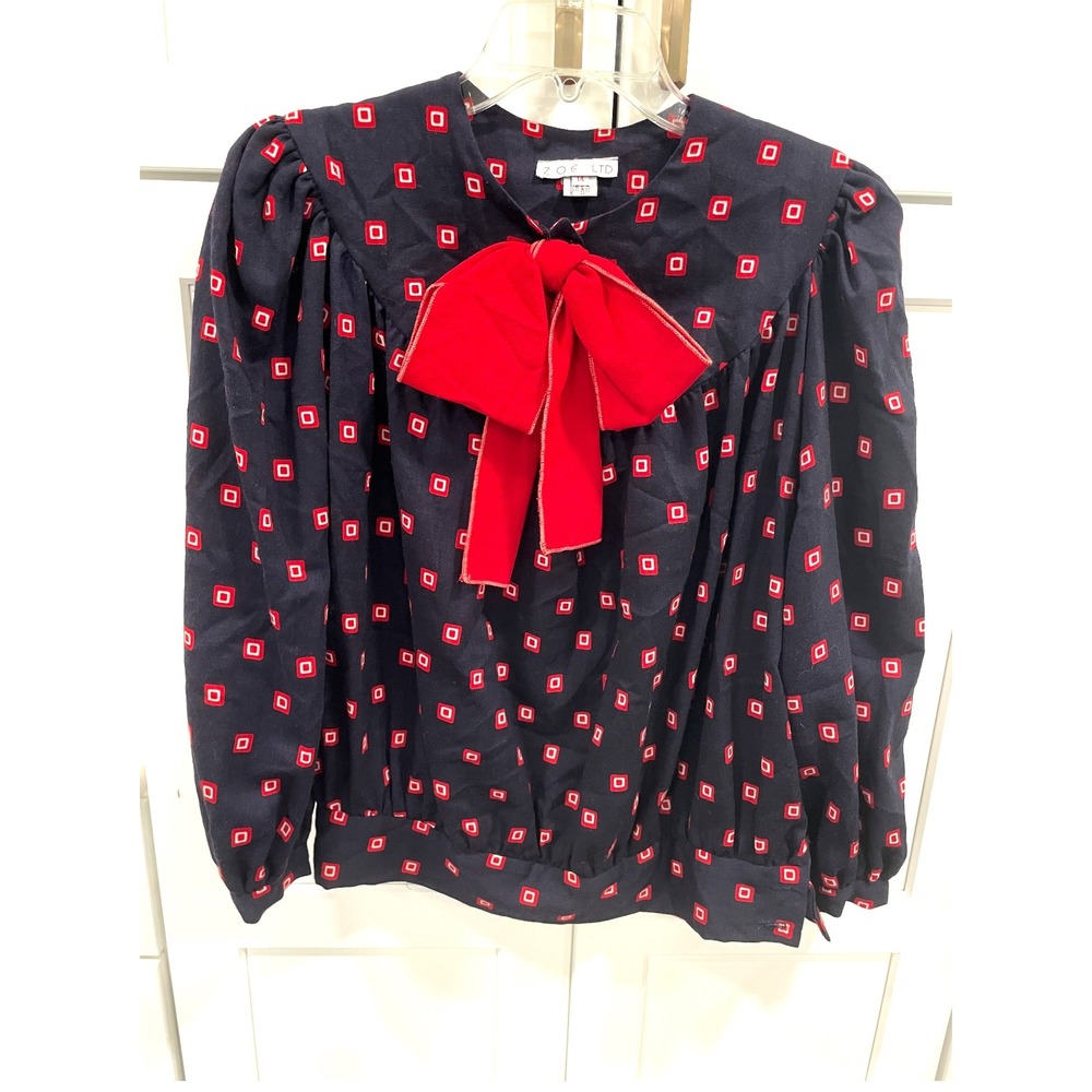 Vintage Zoe LTD Wool Blouse Red Bow Navy Blue Geometric Print Size 14